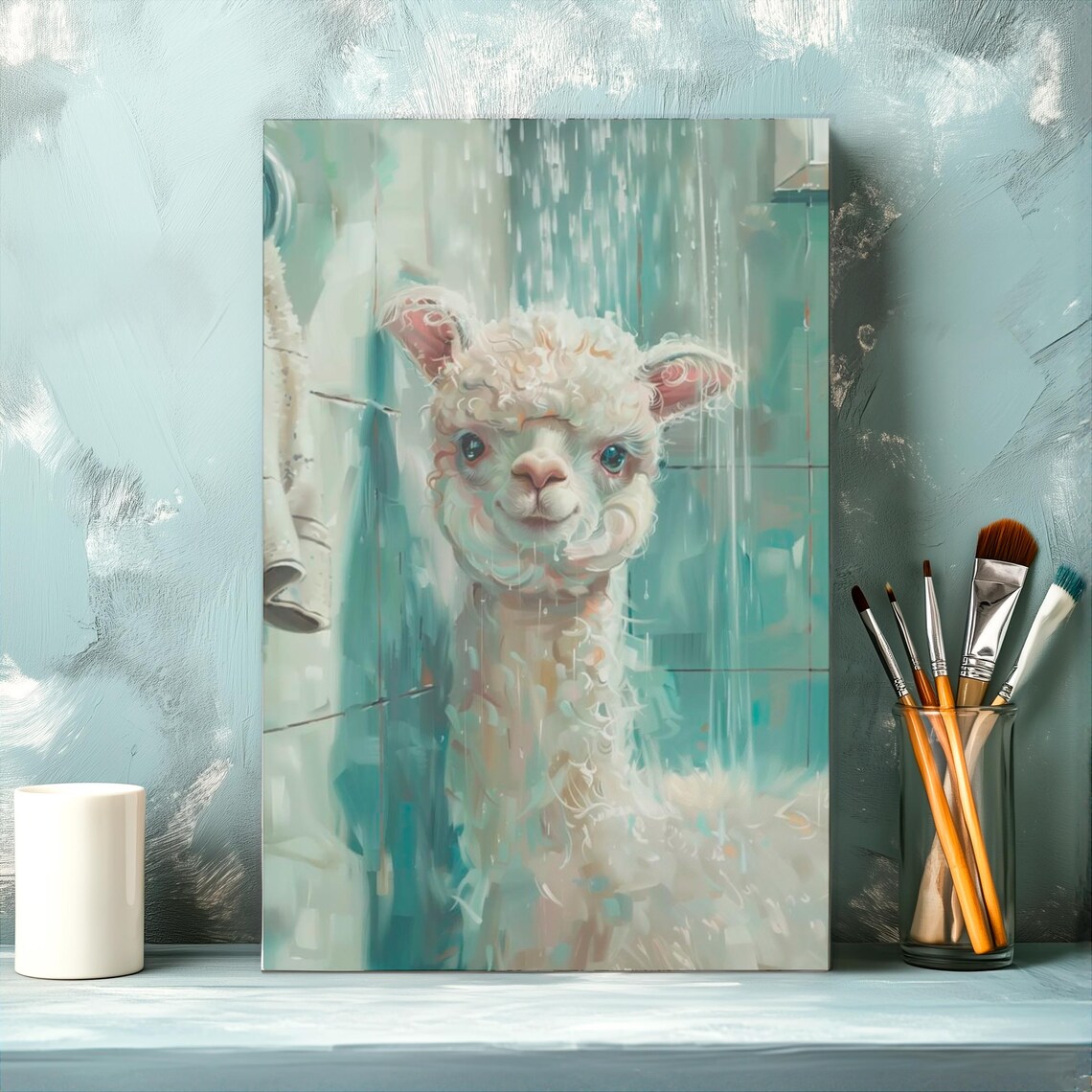 Sweet Baby Alpaca Enjoying A Gentle Rain Shower Portrait Poster