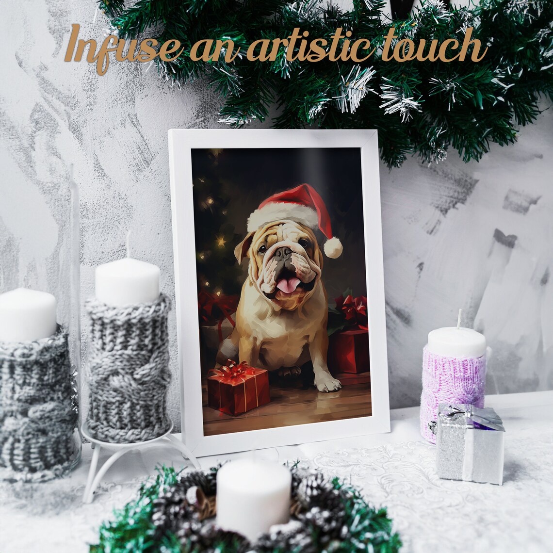 Happy Bulldog Wearing Santa Hat Christmas Gifts Dog Portrait Poster - Image 2