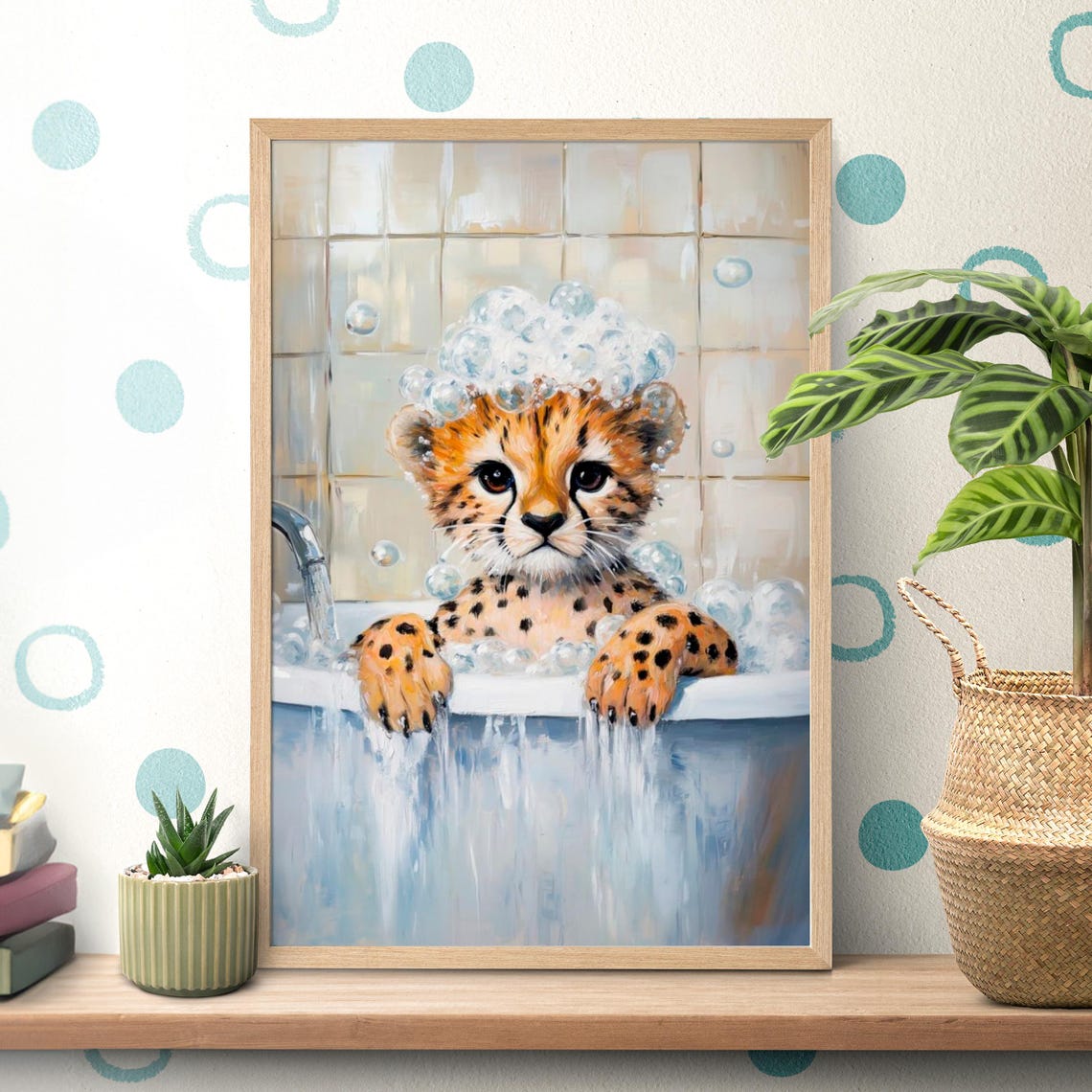 Cheetah Cub in a Bubble Bath with Foam Piled High on Its Head Poster
