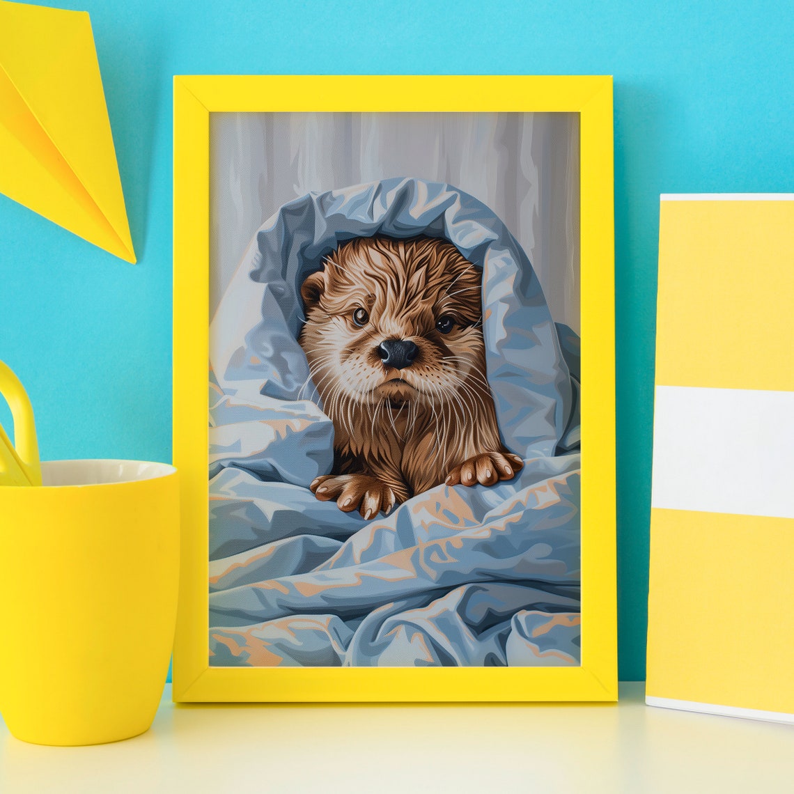 Cozy Otter Wrapped in Blanket with Sleepy Eyes Cute Animal Poster
