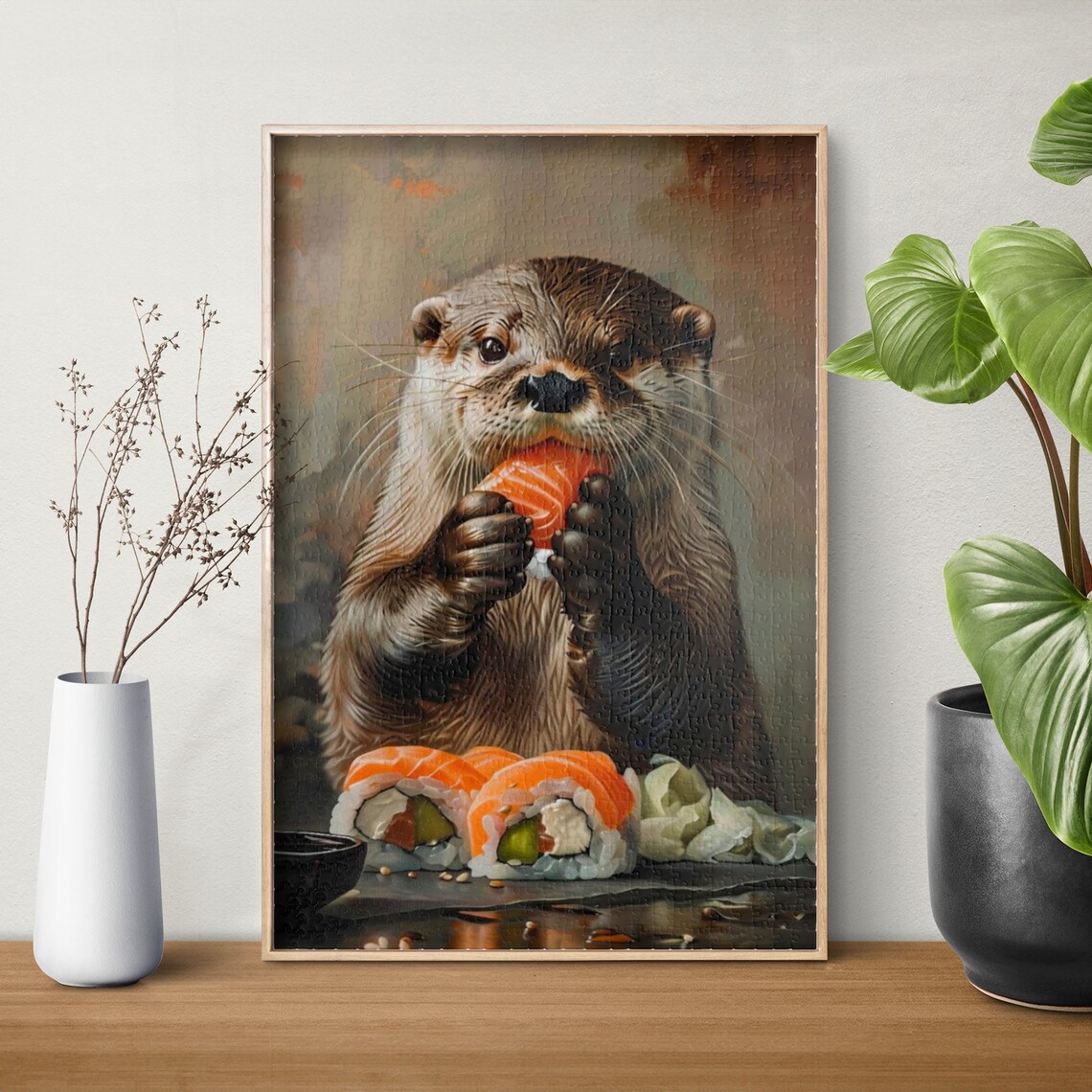 Hungry Otter Munching Salmon Sushi Playful Foodie Animal Poster