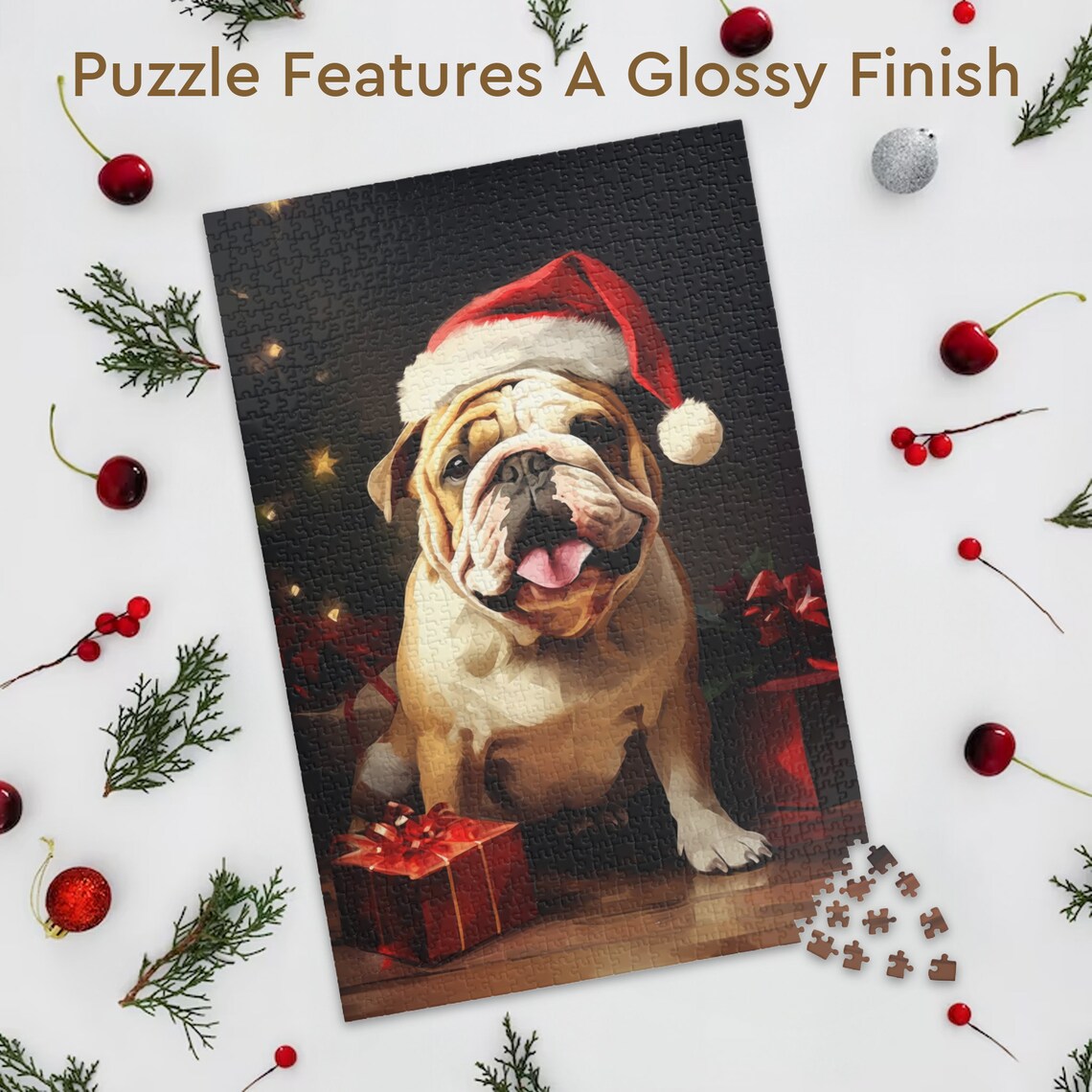 Bulldog Santa Hat Christmas Gifts Holiday Jigsaw Puzzle Funny Poster - Image 3