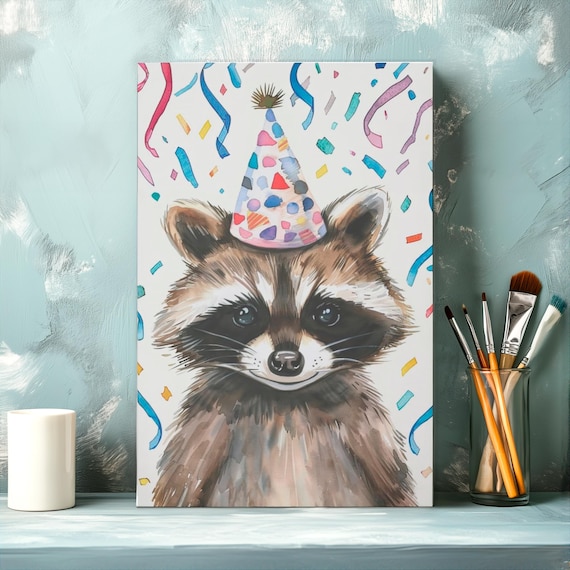 Cute Raccoon Wearing a Polka Dot Party Hat Confetti Portrait Poster