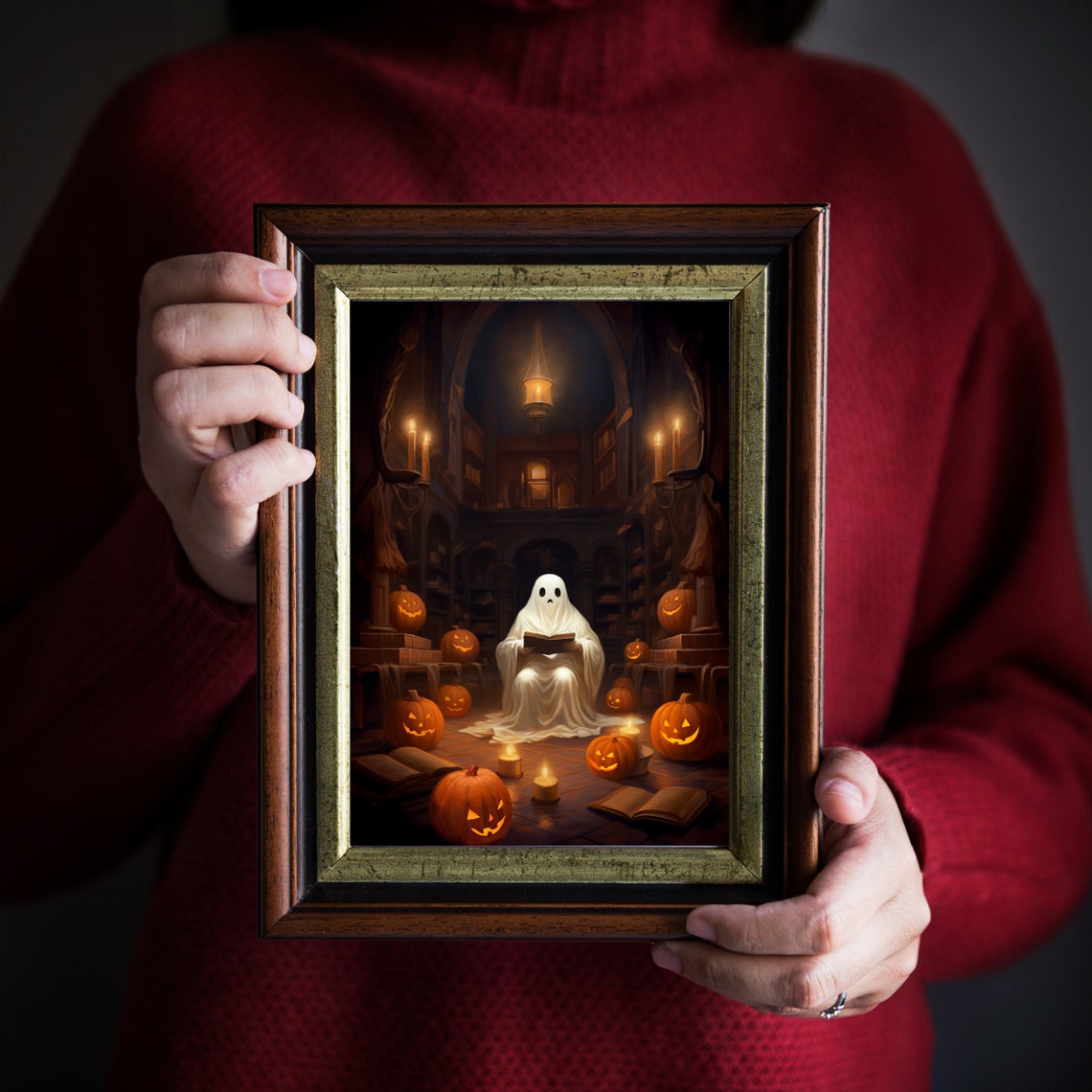 Halloween Ghost Reading Book Candlelit Library Pumpkin Night Poster - Image 3