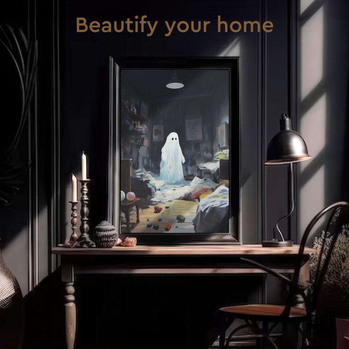 Cute Ghost in Messy Kids Bedroom Toys Night Dark Academia Poster - Image 3