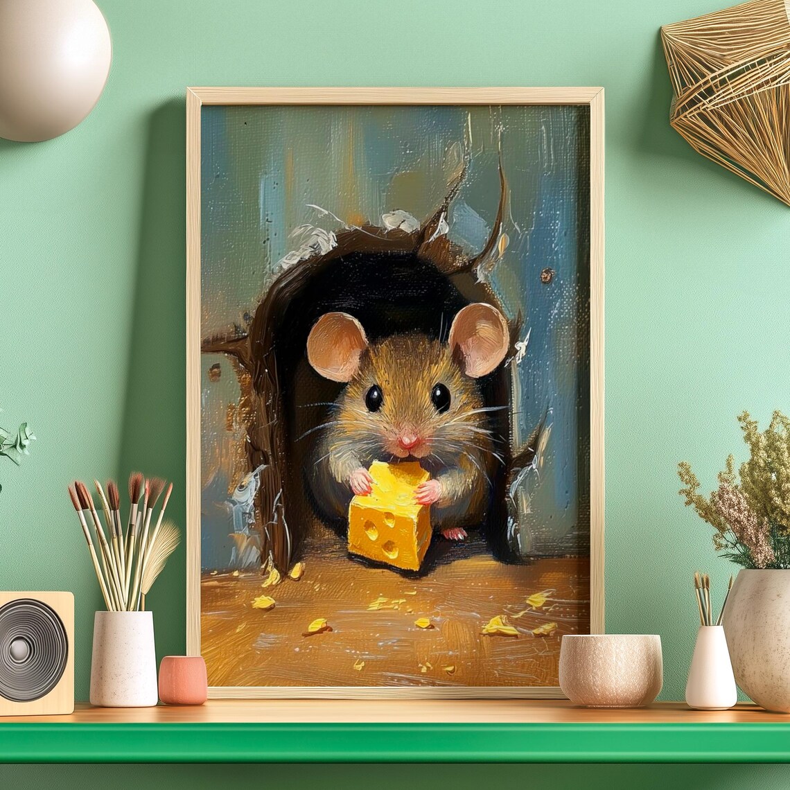 Curious Mouse Cheese Lover Poster, Playful Nursery