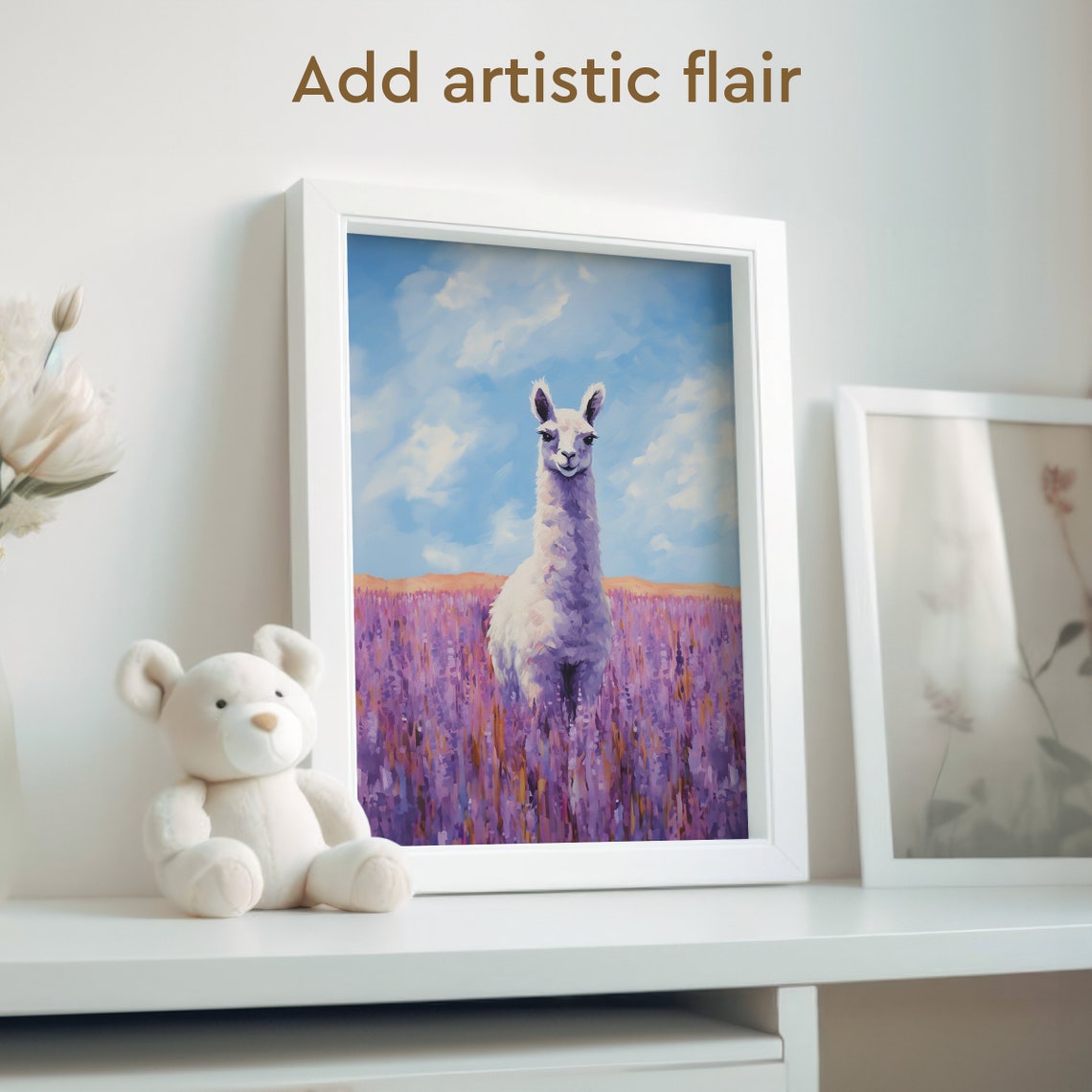 White Llama Standing in a Purple Lavender Field Under Blue Sky Poster - Image 2