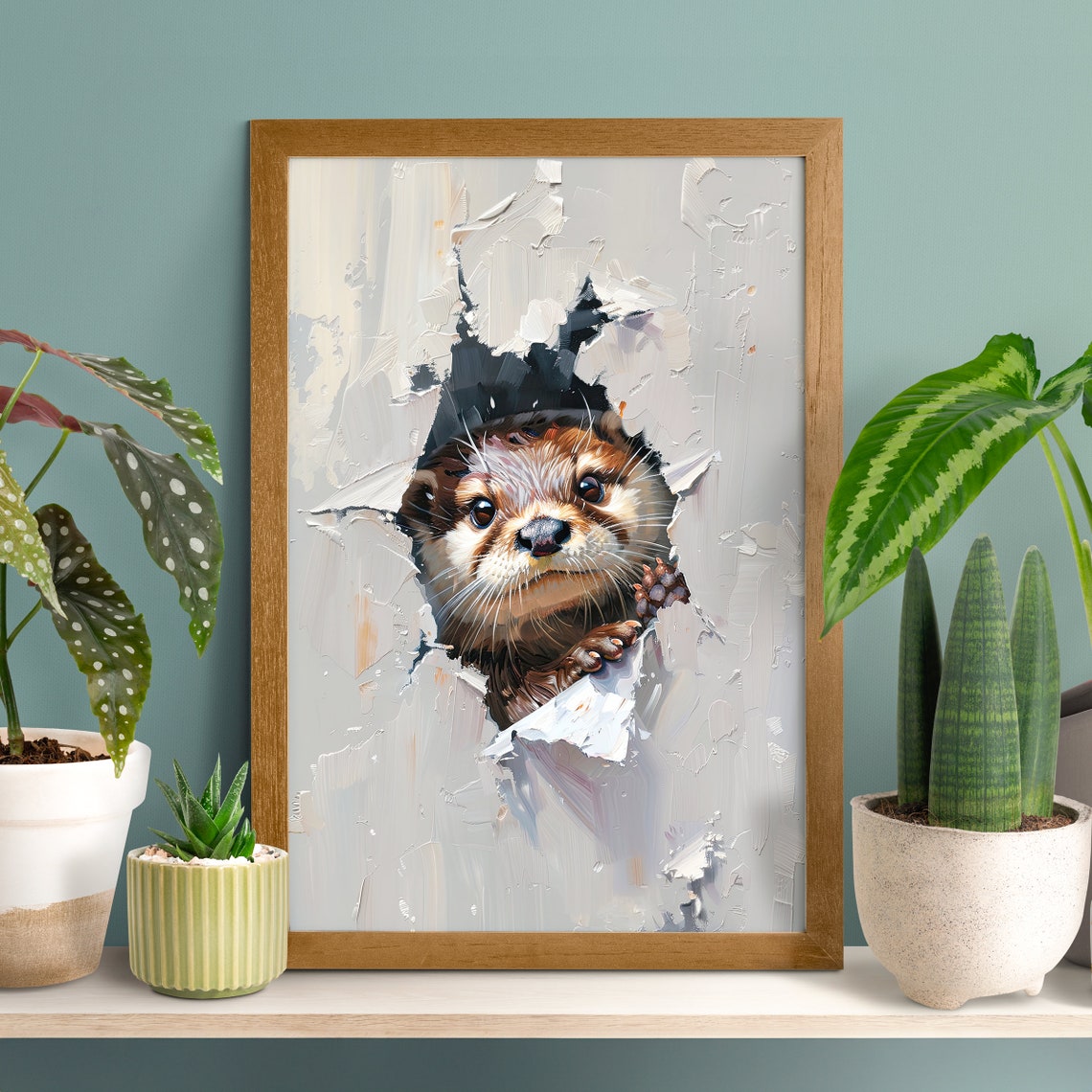 Adorable Otter Peeking Through Torn Paper 3D Style Funny Poster