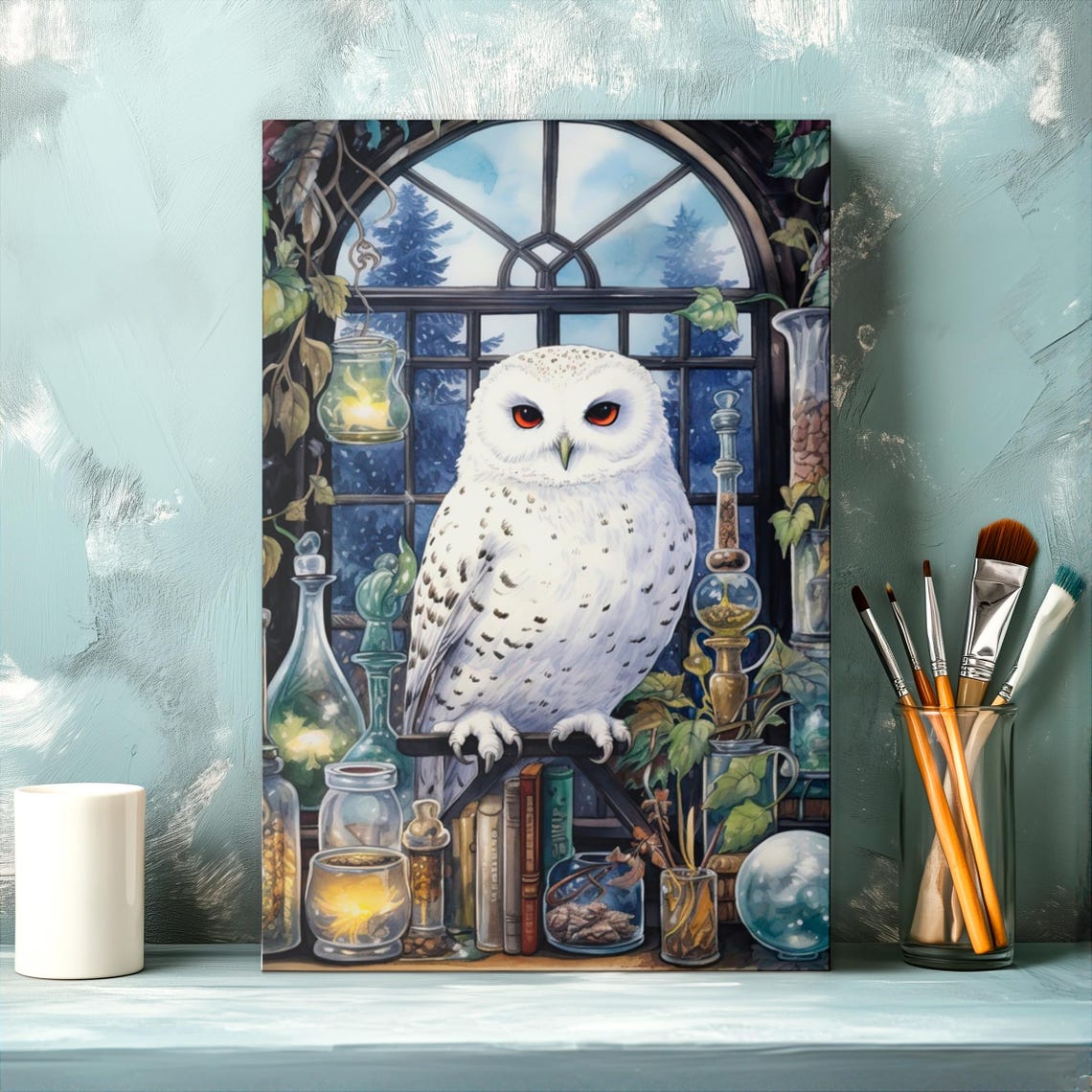 Snowy White Owl in a Magical Apothecary by an Arched Window Poster