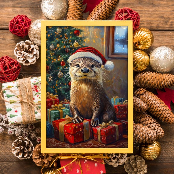 Christmas Santa Hat Otter Poster, Funny Holiday Print