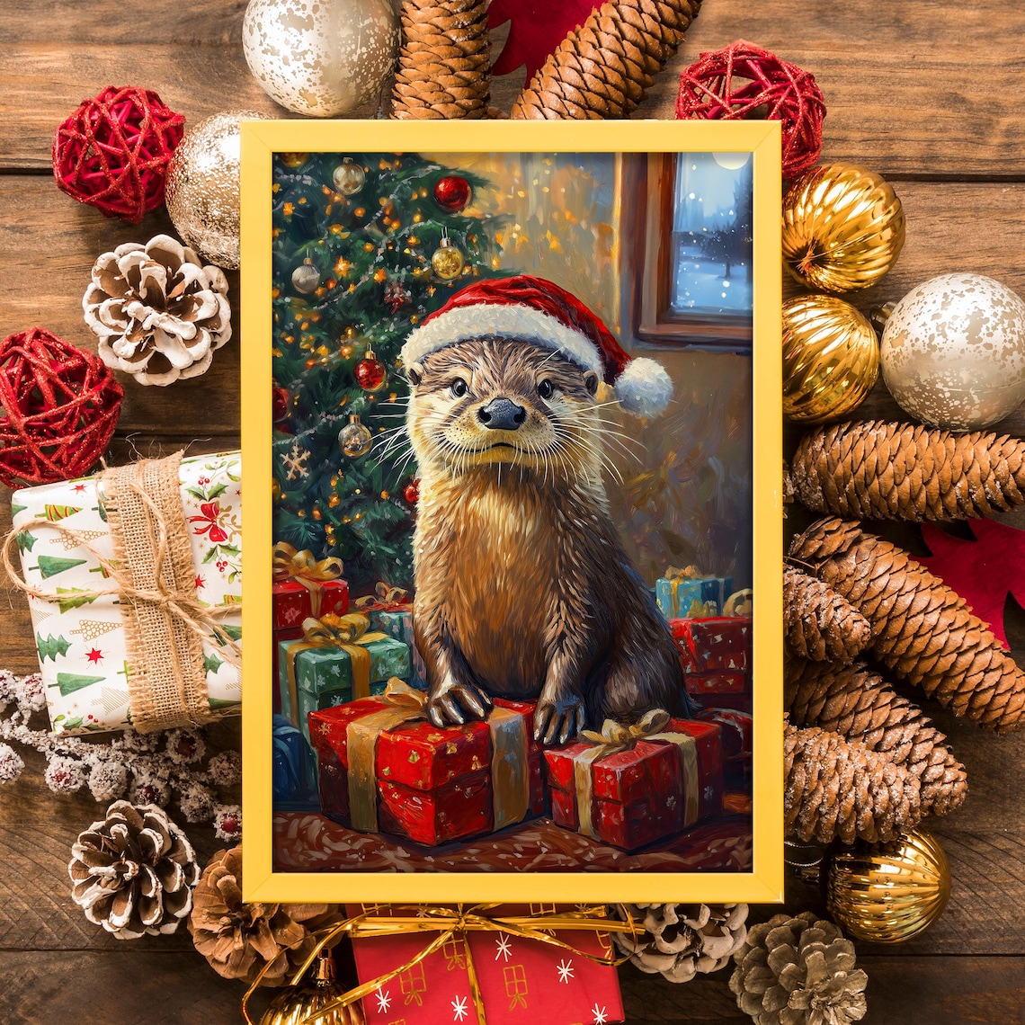 Christmas Santa Hat Otter Poster, Funny Holiday Print