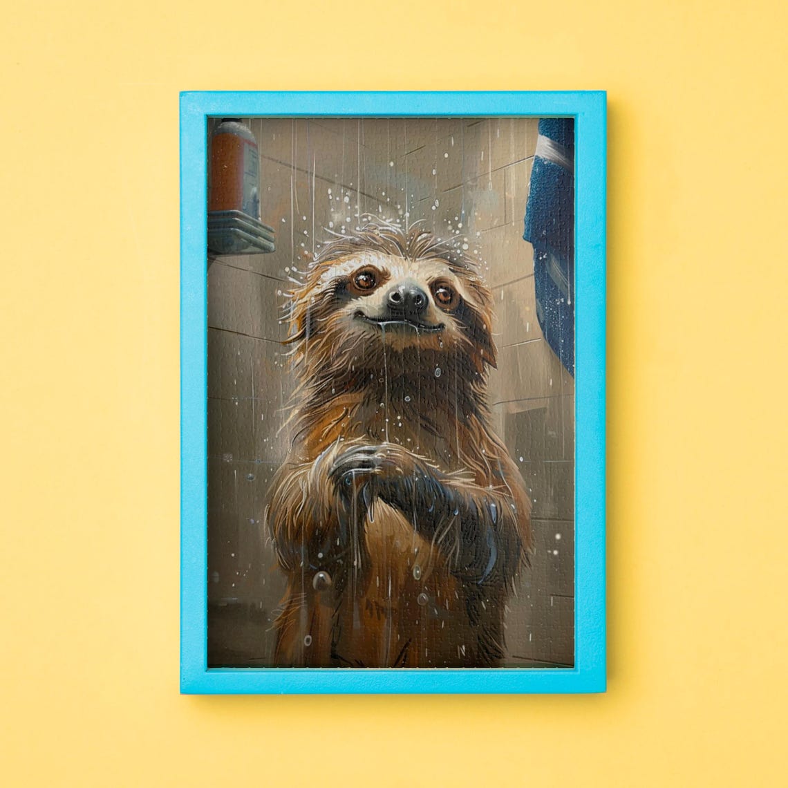 Sloth Enjoying a Rain Shower Under Falling Water Drops Poster