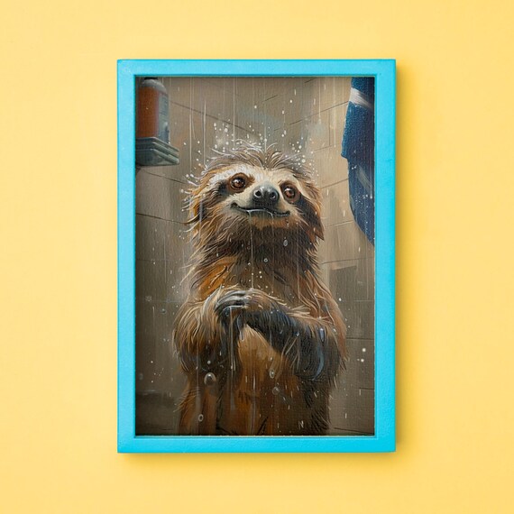 Sloth Enjoying a Rain Shower Under Falling Water Drops Poster