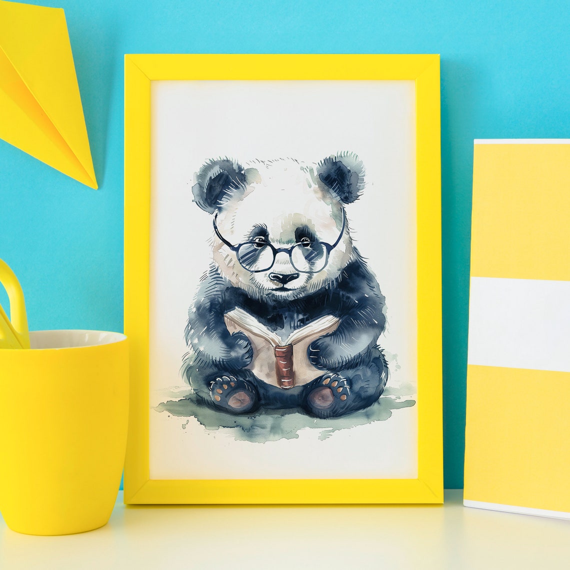 Baby Panda Wearing Glasses Reading a Book Cute Watercolor Poster