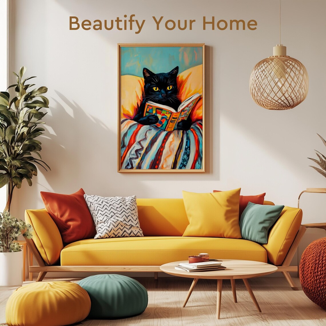 Black Cat With Golden Eyes Reading a Picture Book Tucked Cozy in Bed Poster - Image 4