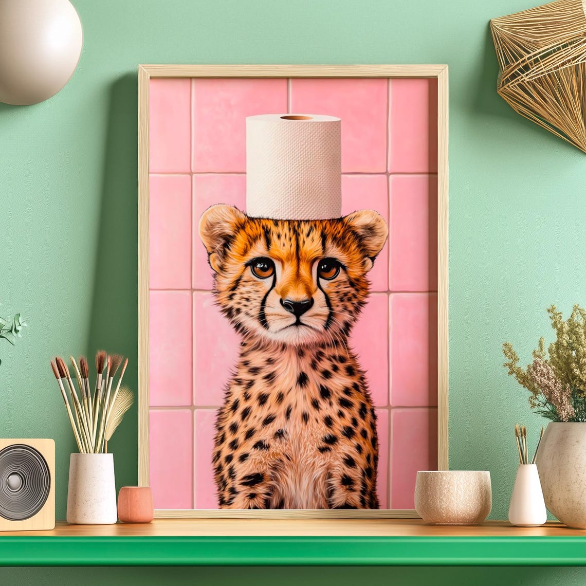 Baby Cheetah Balancing A Toilet Paper Roll On Its Head Poster