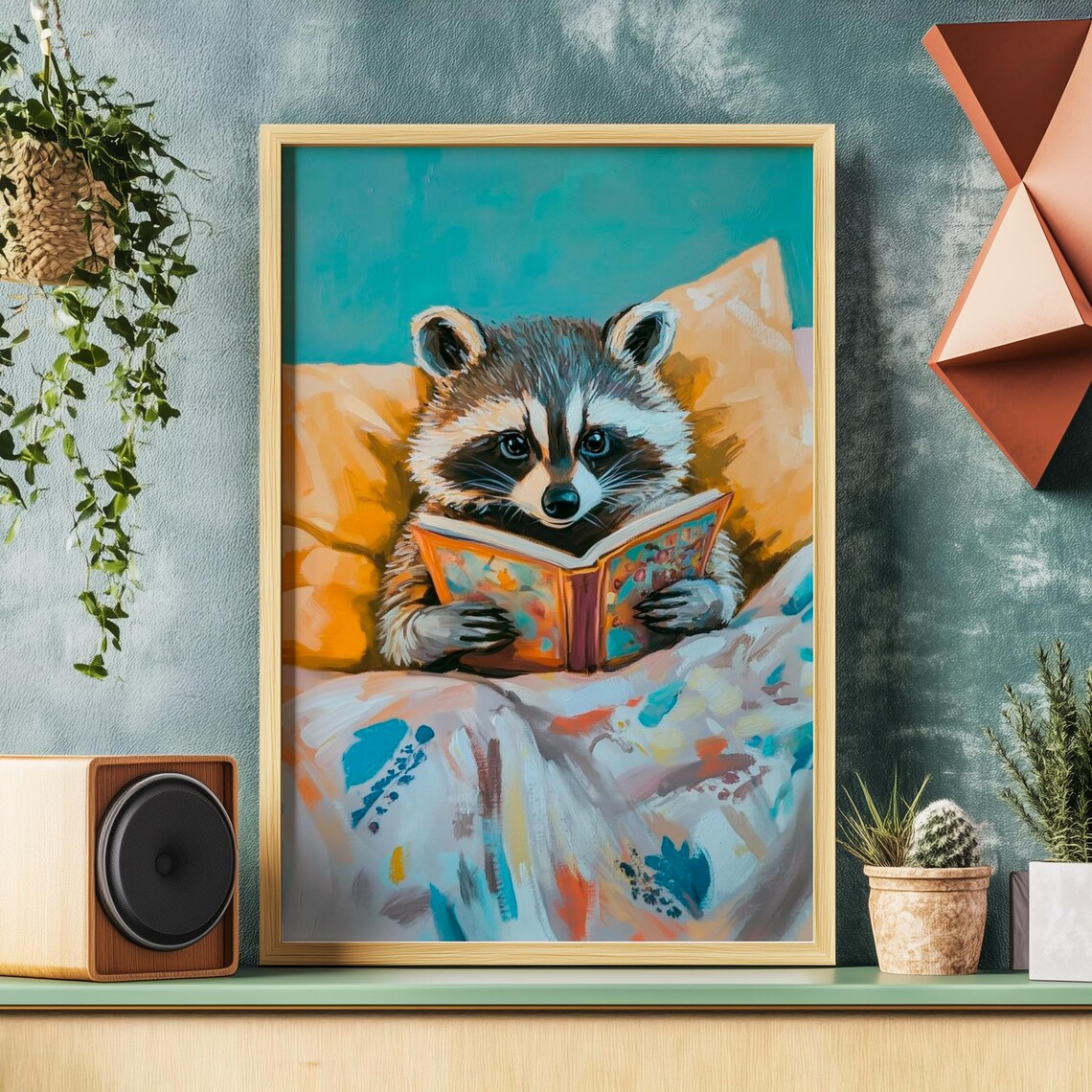 Little Raccoon Reading a Colorful Picture Book Cozy in Bed Bedtime Story Poster