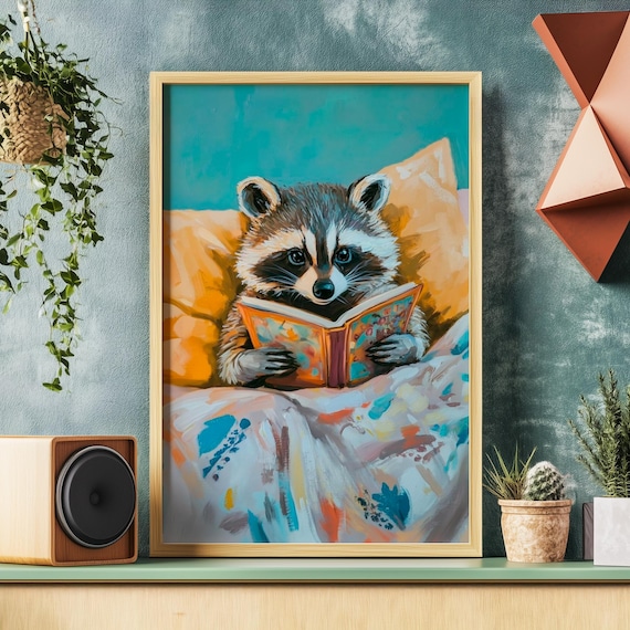 Little Raccoon Reading a Colorful Picture Book Cozy in Bed Bedtime Story Poster