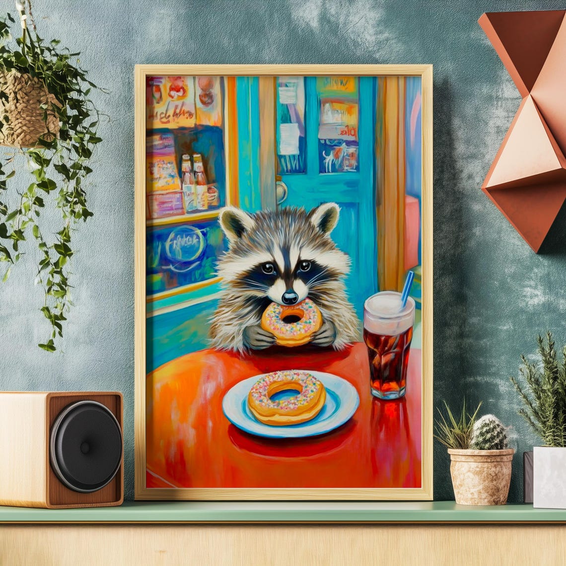 Raccoon Eating a Sprinkle Donut at a Colorful Diner Table Poster