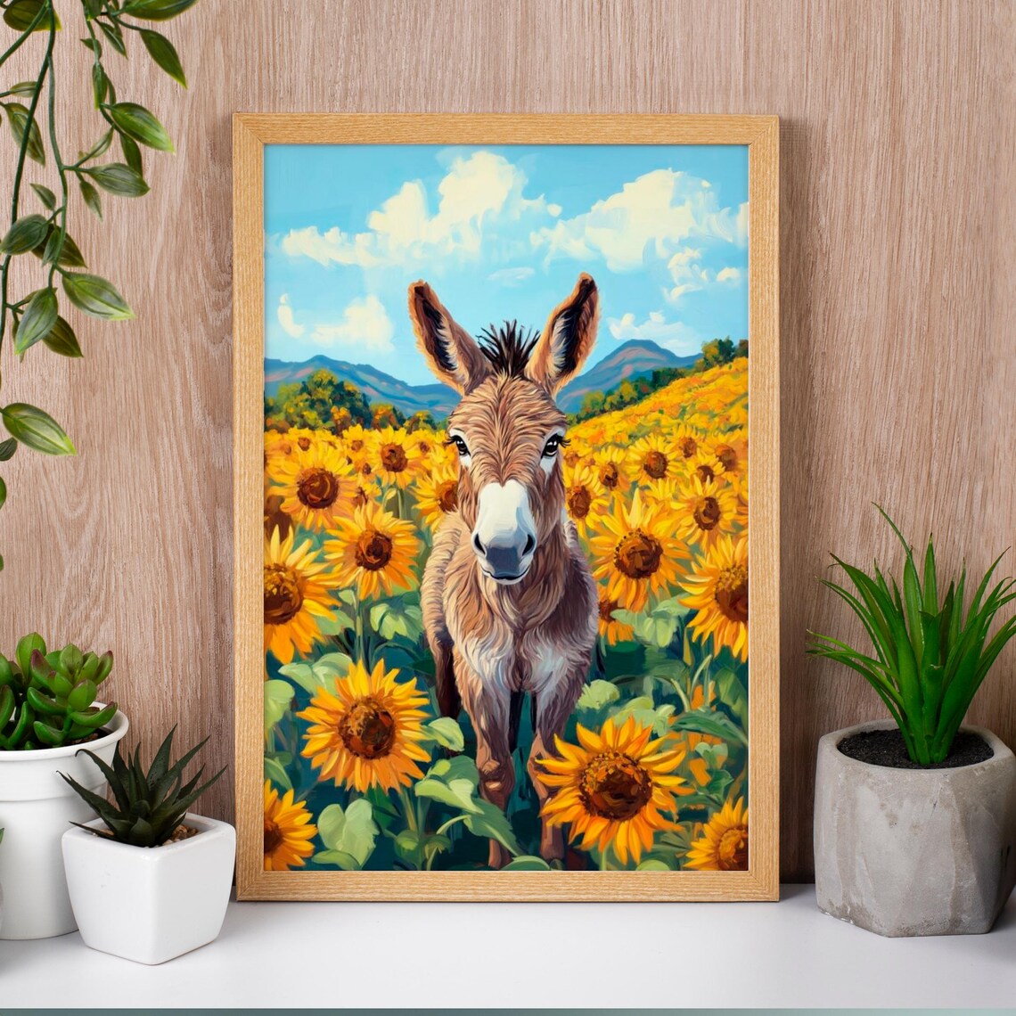 Sunflower Field Donkey Vintage Animal Poster Print