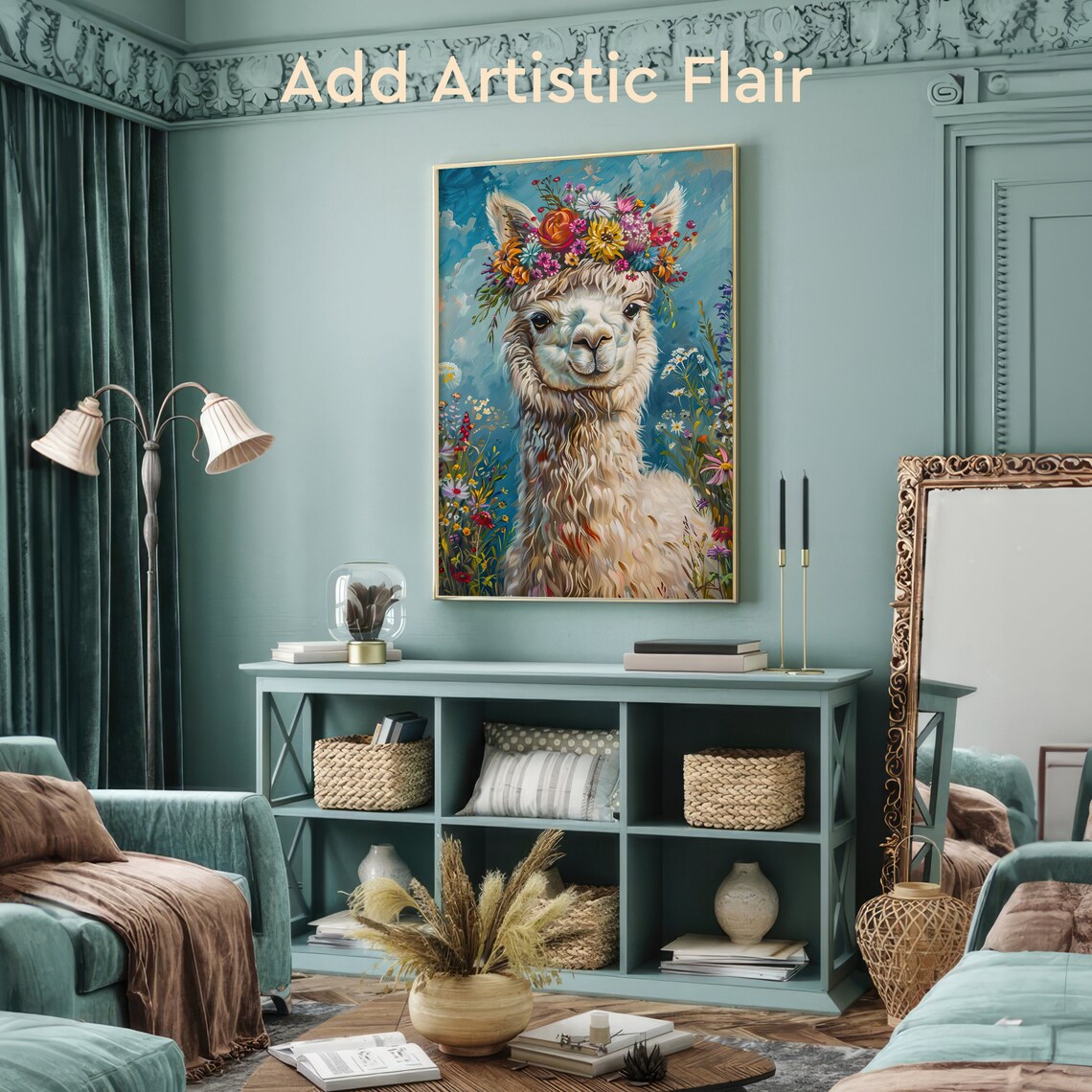 Floral Crown Llama Alpaca, Bohemian Art Print - Image 2