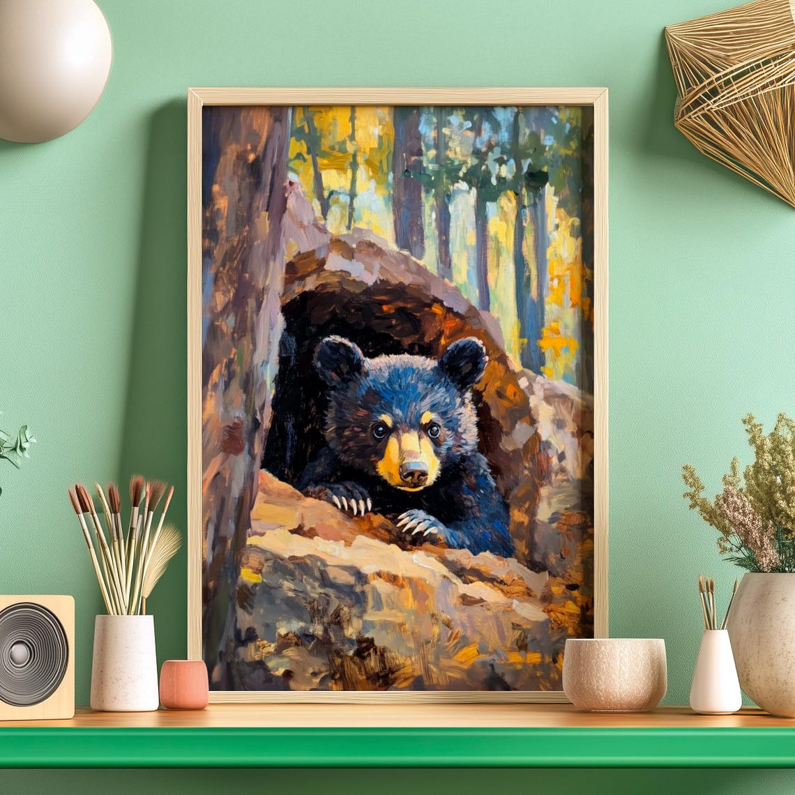 Black Bear Cub Peeking Out of a Hollow Log in an Autumn Forest Poster