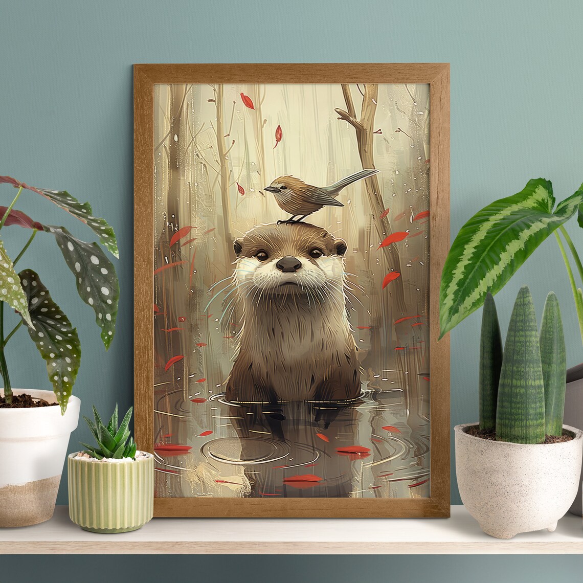 Joyful Otter and Bird Funny Wildlife Art Print
