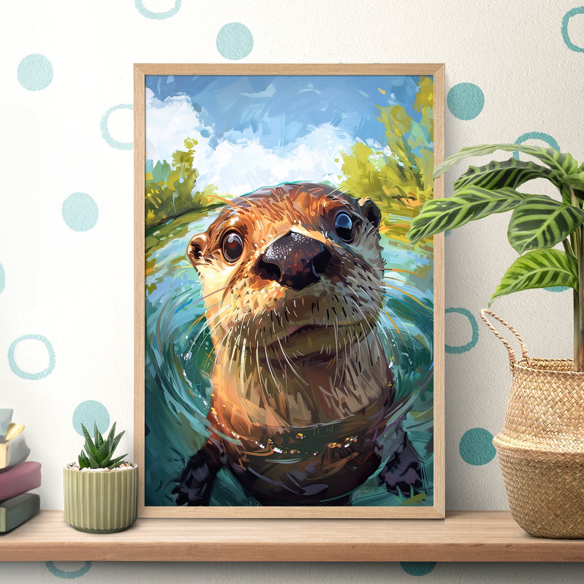 Curious Sea Otter Swimming Close Up Painterly Portrait Poster