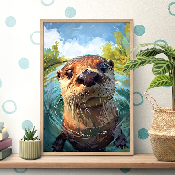 Curious Sea Otter Swimming Close Up Painterly Portrait Poster