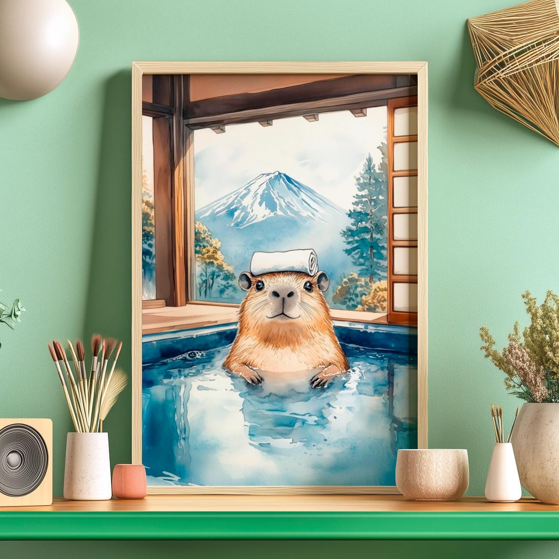 Capybara Relaxing in a Japanese Onsen Hot Spring Bath Poster