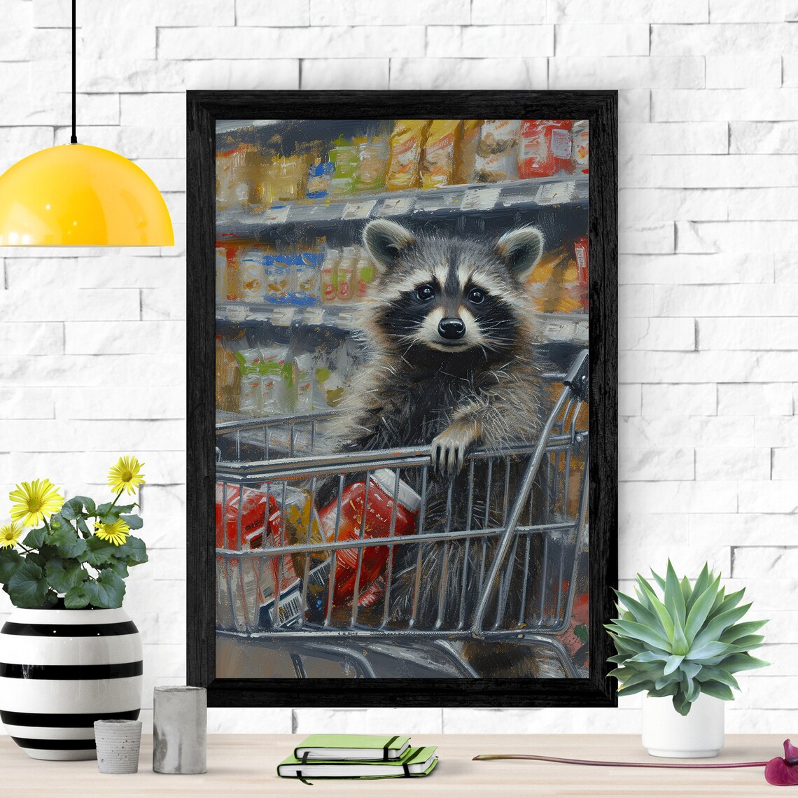 Raccoon Riding in a Supermarket Shopping Cart Oil Painting Poster