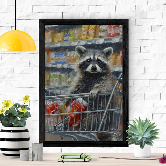 Raccoon Riding in a Supermarket Shopping Cart Oil Painting Poster