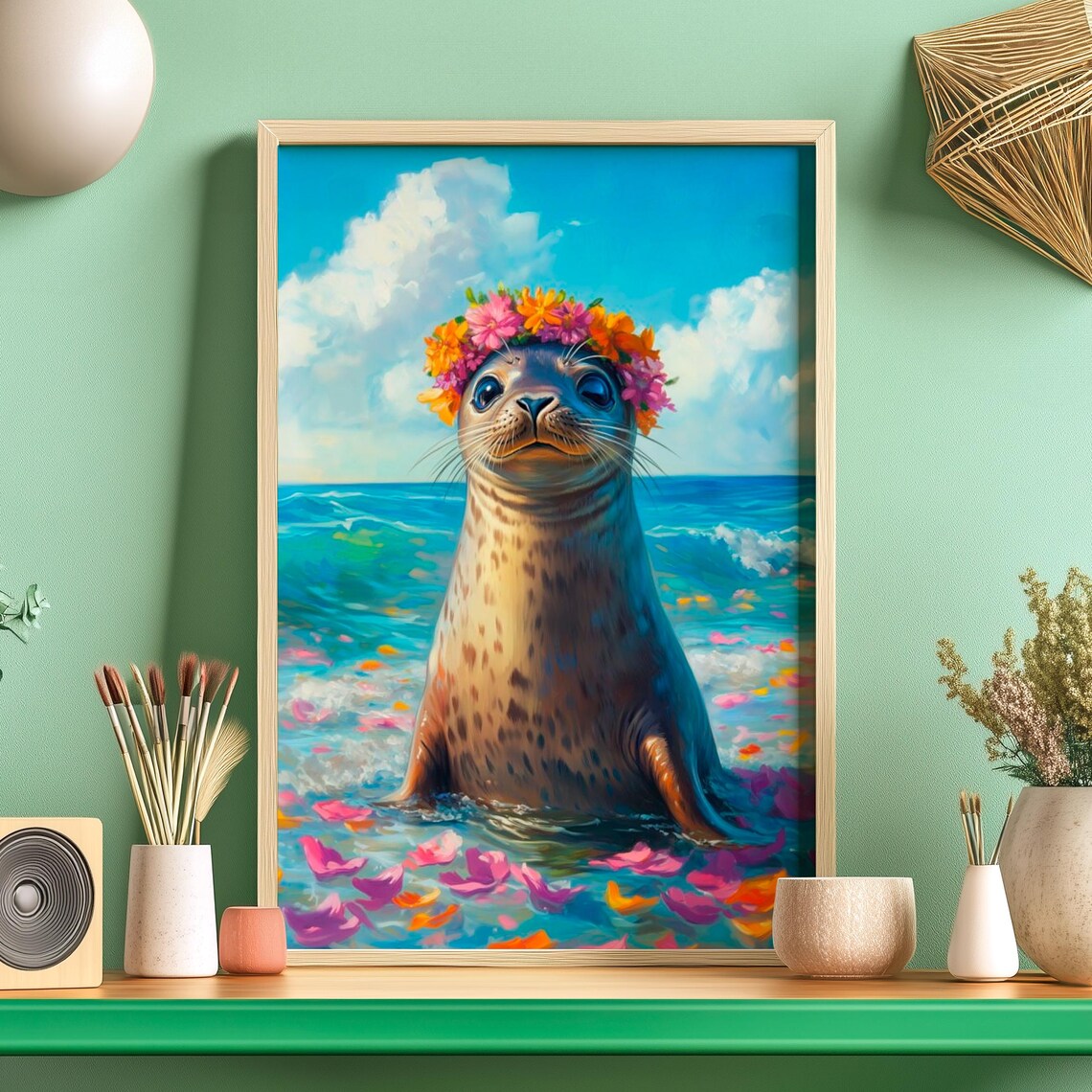 Floral Crown Cute Seal Poster, Bohemian Wildlife Art Print