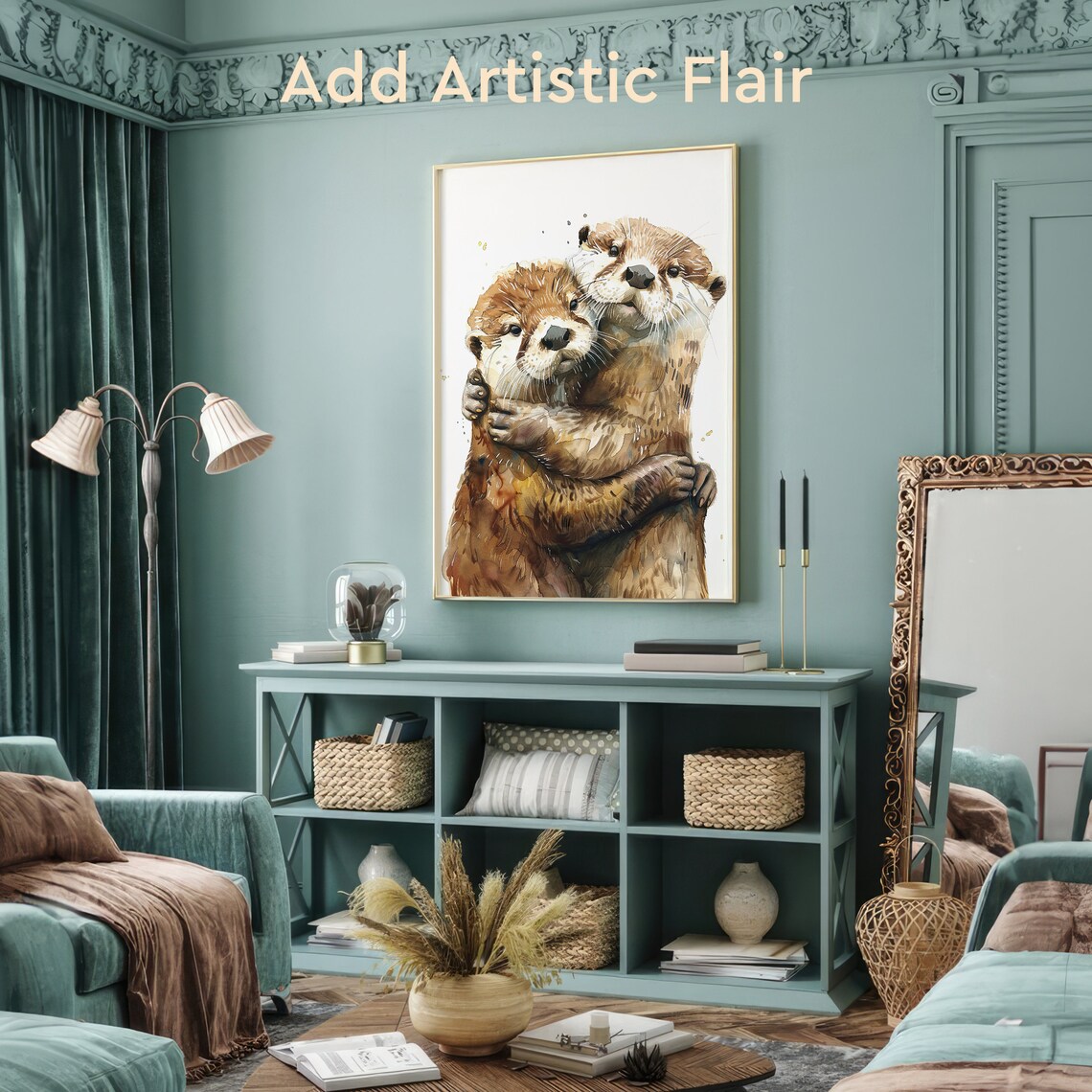 Lovely Otter Cuddling Portrait Poster, Funny Wildlife Art - Image 2