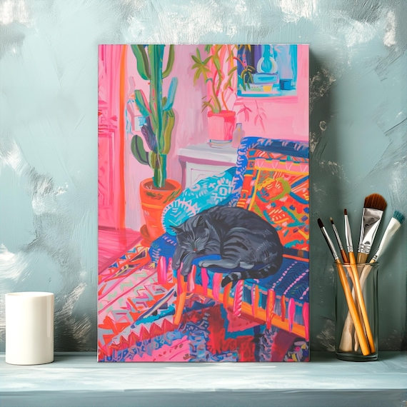 Black Cat Napping on a Colorful Bohemian Patterned Chair Poster