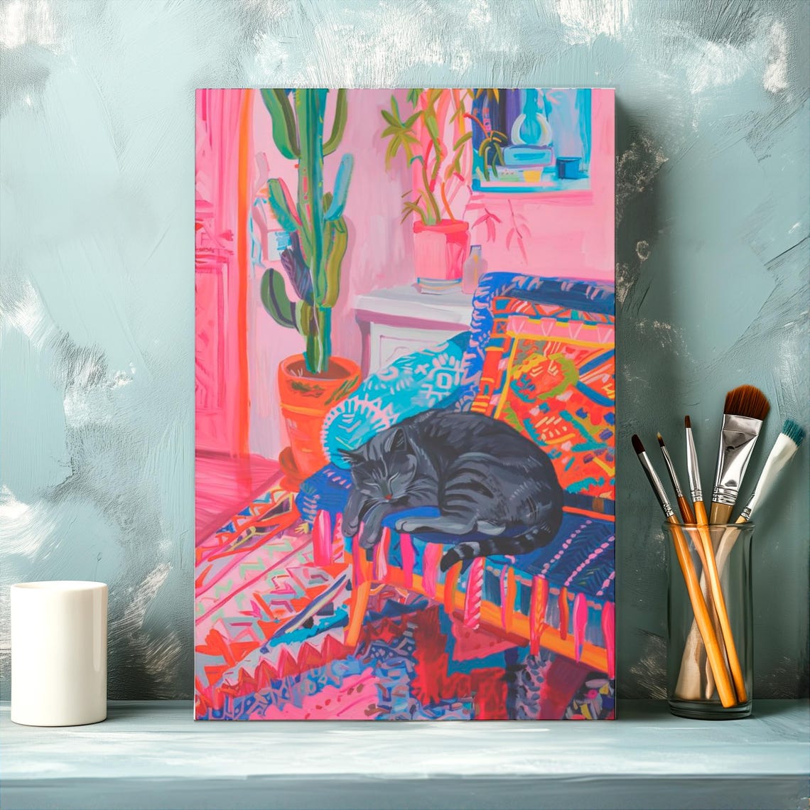 Black Cat Napping on a Colorful Bohemian Patterned Chair Poster