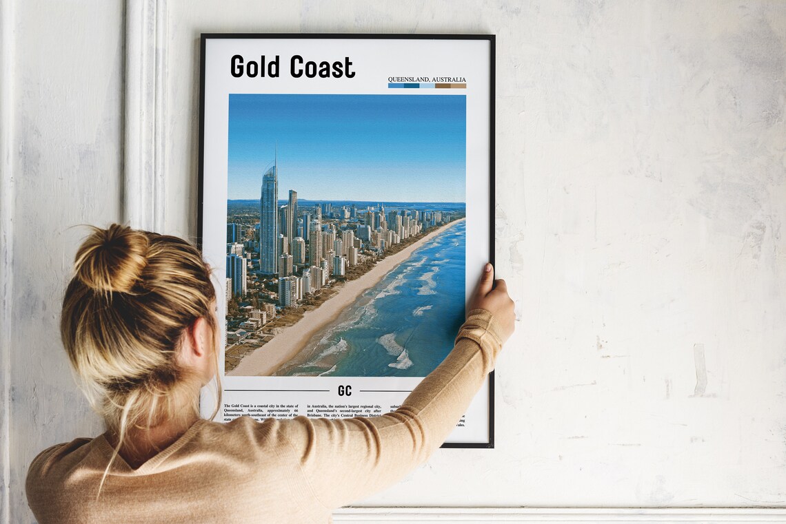 Gold Coast Oil Painting, Colorful City Artwork - Image 4
