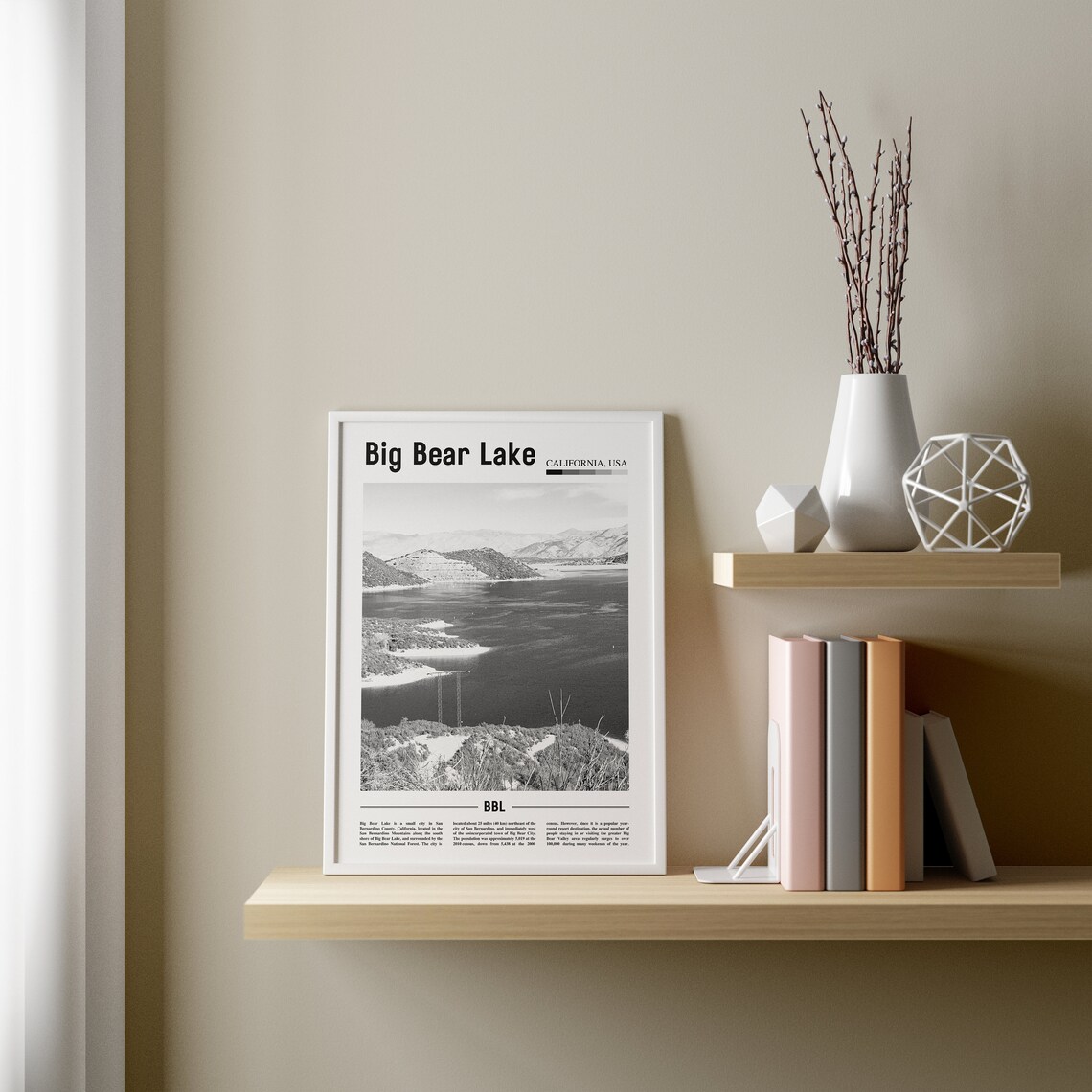 Big Bear Lake California Black and White Mountain Lake Poster - Image 3