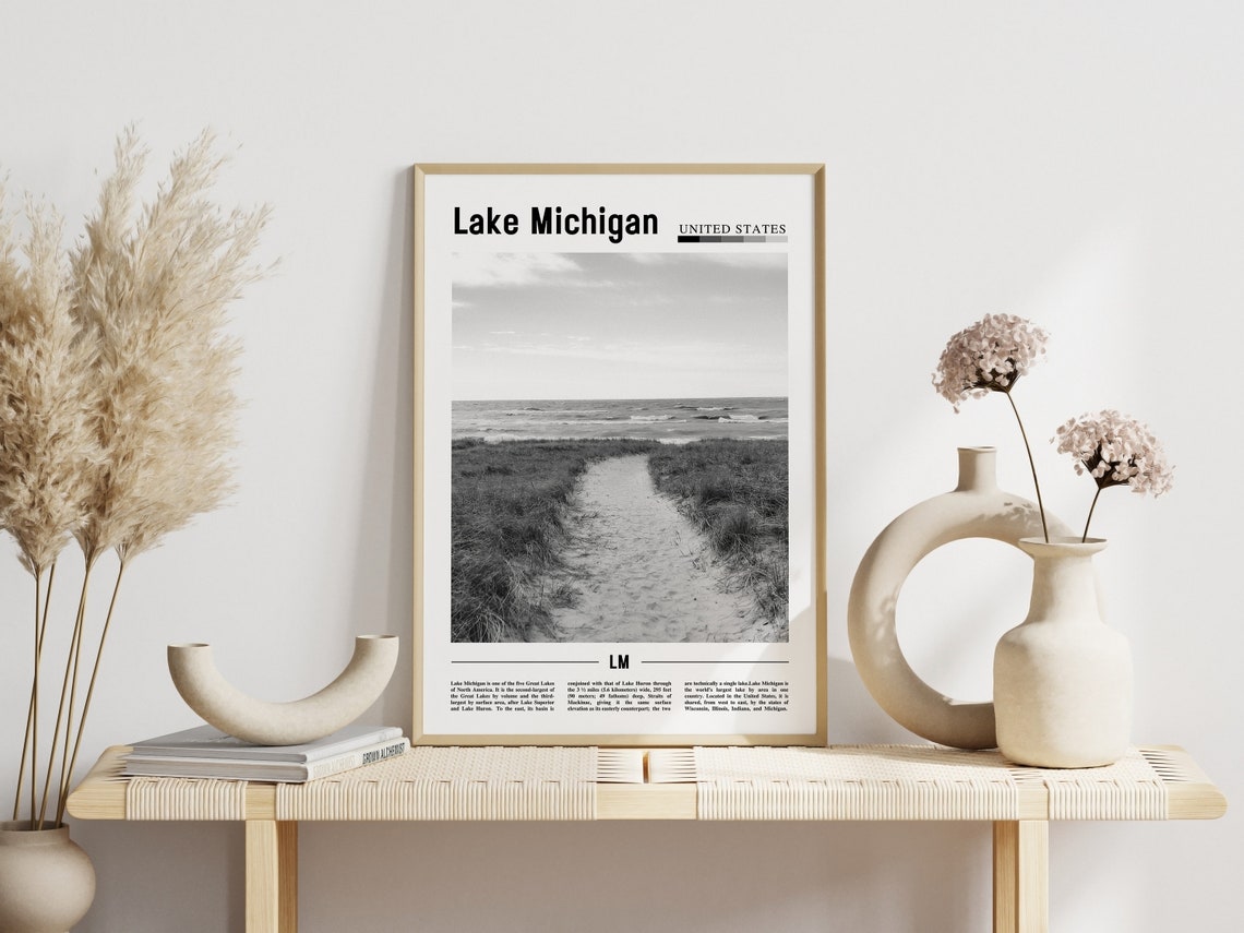 Lake Michigan Poster Black And White Lake Michigan Print Black And White Lake Michigan Wall Art Minimal Travel Print Travel Poster - Image 6