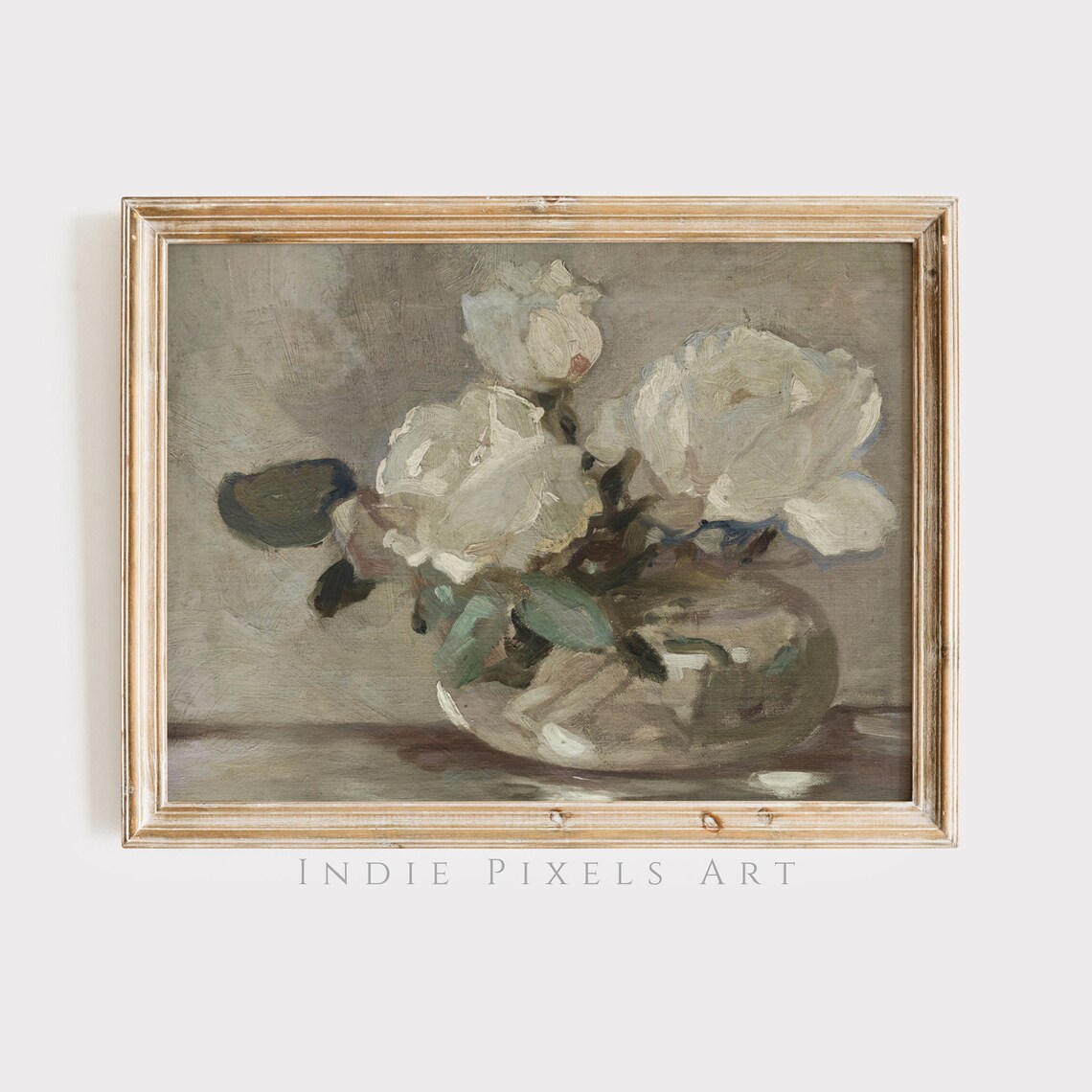 White Roses in Glass Vase Muted Still Life Oil Painting Wall Art