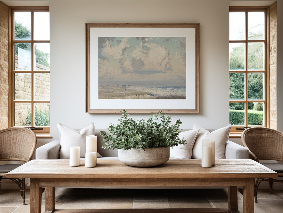 Neutral Beach Scene Vintage Painting with Clouds Coastal Wall Art - Image 3
