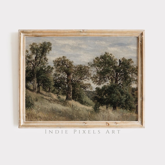 Mature Oak Grove on Hillside Vintage Landscape Painting Wall Art