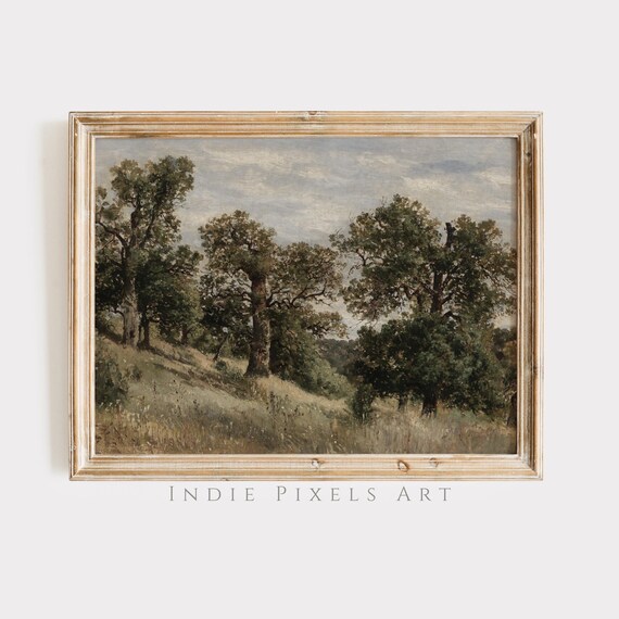 Vintage Rustic Fall Landscape Print Autumn Hillside Painting Wall Art Neutral Moody Countryside Art Autumn Art