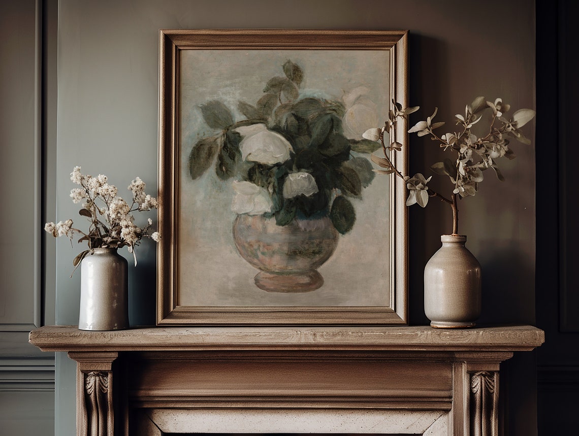 Neutral Still Life Roses Painting Vintage Flower Still Life Painting French Cottage Neutral Farmhouse Decor Art - Image 4