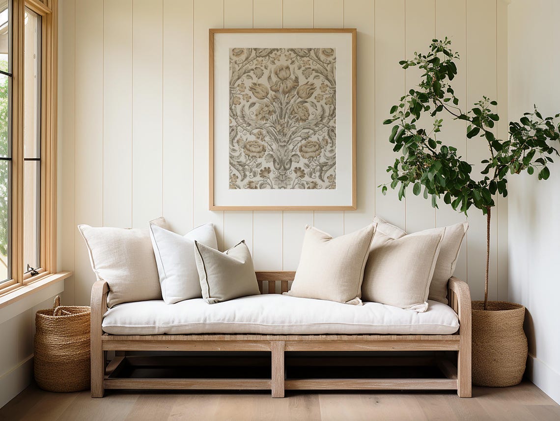 Vintage Beige Floral Damask Textile Pattern Tapestry Wall Art - Image 3