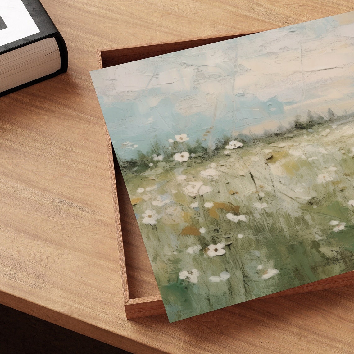 Spring Meadow White Wildflowers Textured Field Painting Wall Art - Image 4