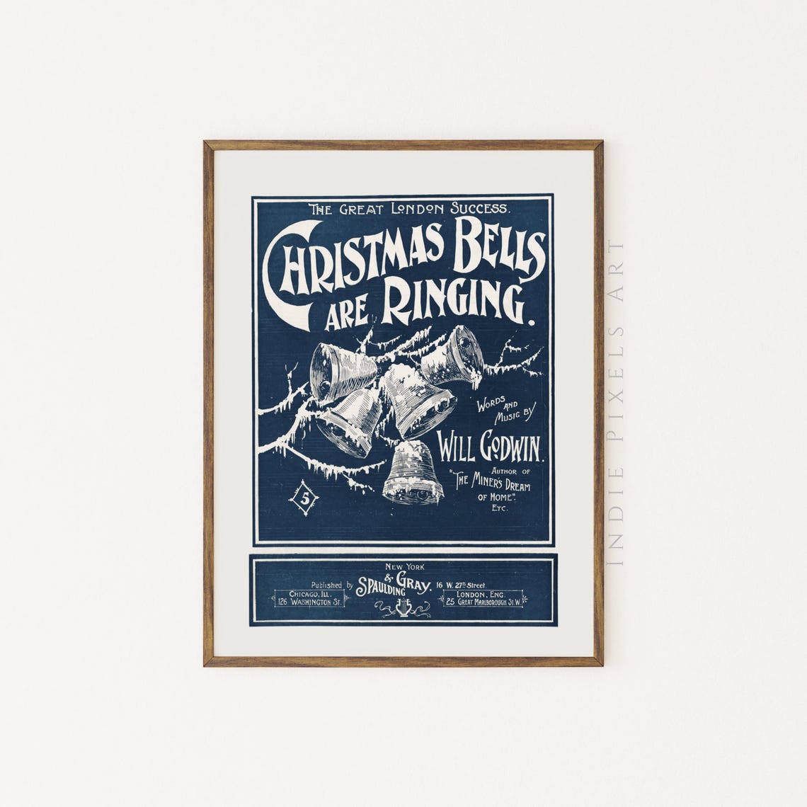 Vintage Christmas Bells Are Ringing Sheet Music Cover Blue Retro Print