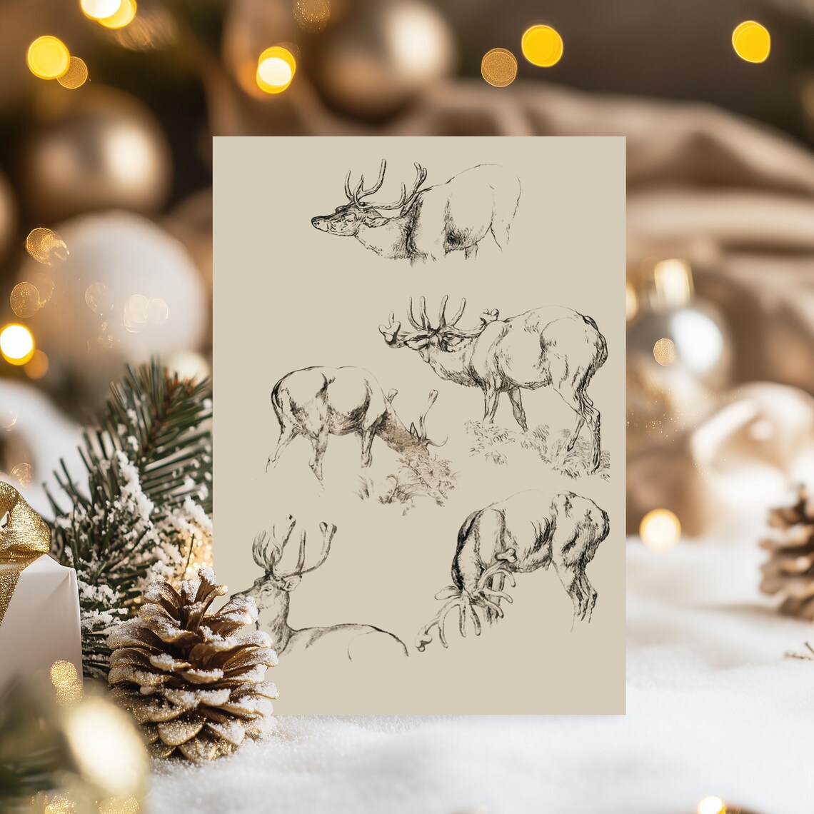Vintage Reindeer Studies Ink Sketch Holiday Christmas Deer Art Print - Image 4