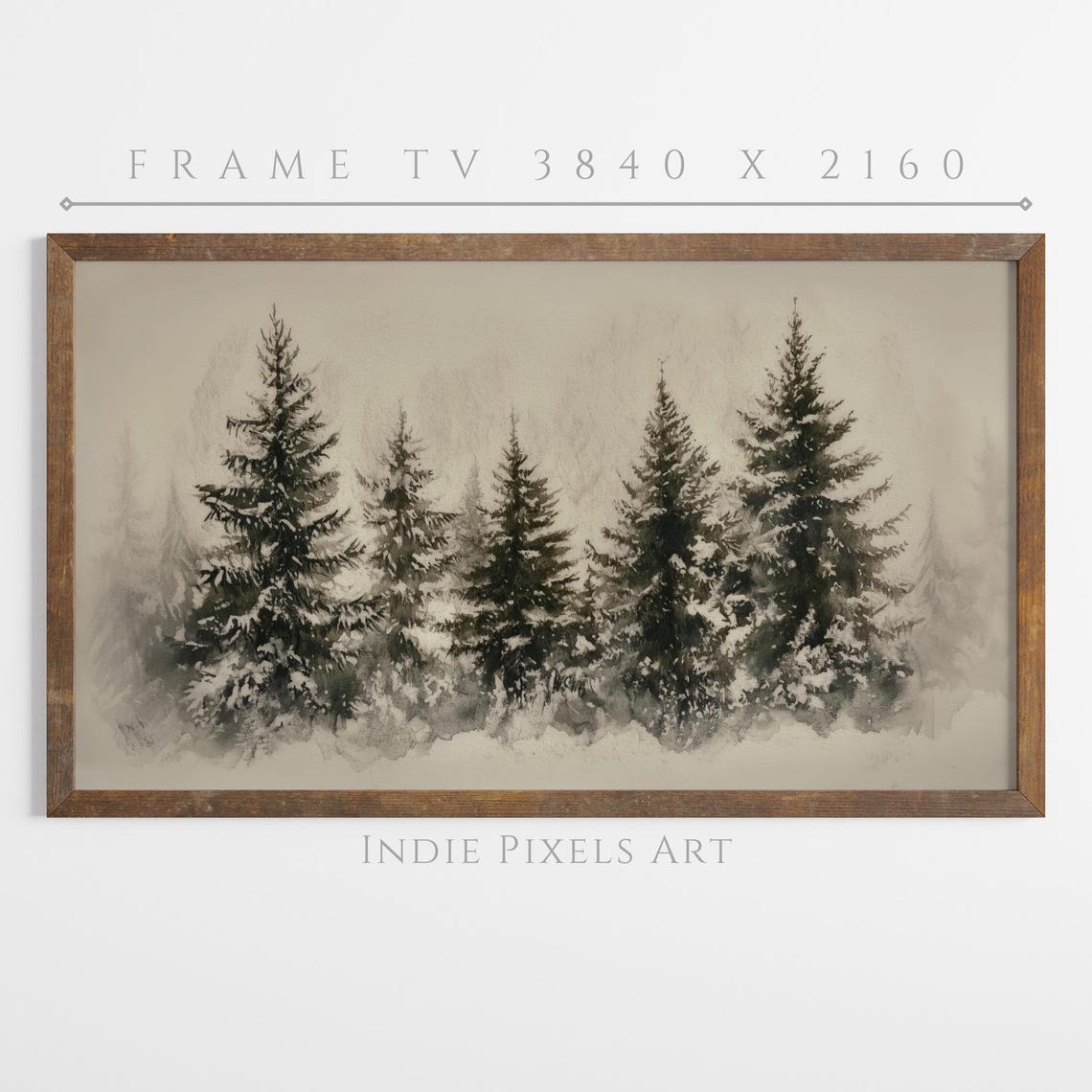 Rustic Snowy Pine Forest Monochrome Christmas Frame TV Wall Art Print - Image 4
