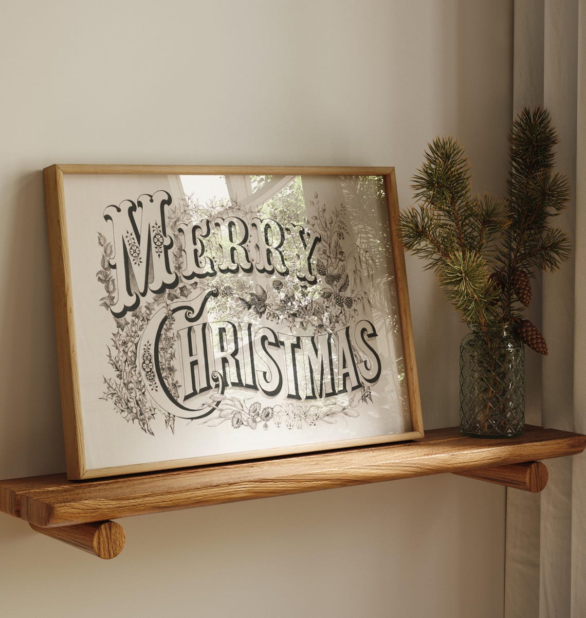 Vintage Merry Christmas Floral Typography Holiday Sign Wall Art